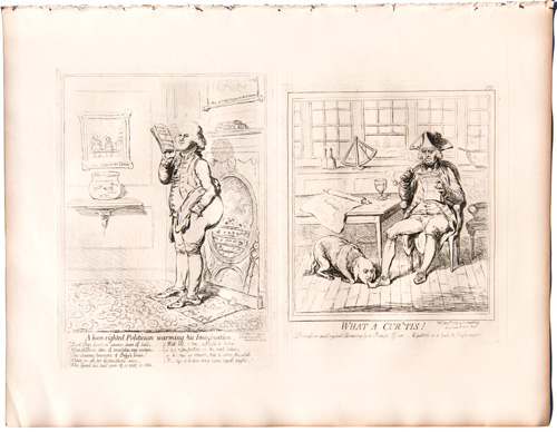 original James Gillray etchings What a Cur 'tisA Keen-sighted Politician Warming his Imagination